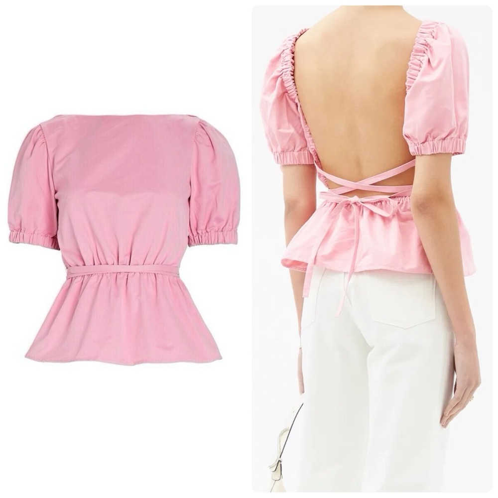 STAUD Marie Backless Puff Sleeve Cotton Poplin Peplum Top in Pink
